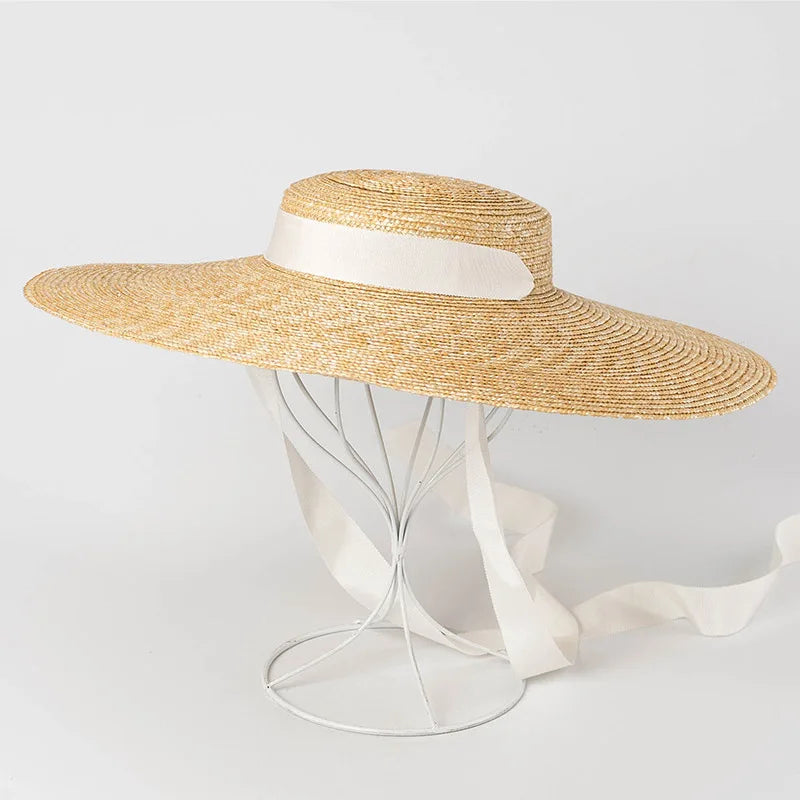 Wide Brim Boater Hat 10cm 15cm Brim Straw Hat Flat Women Summer Kentucky Derby Hat White Black Ribbon Tie Sun Hat Beach Cap -