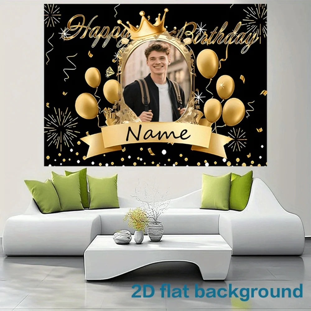 Party Banner 1pc Personalized Customization of Photos and Name Text, Black Golden Theme,for Family Party Events,Birthday Part