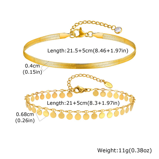 Anklet Set Layered for Women 18K Gold Plated Stainless Steel Flat Snake Chain Round Disk Waterproof Jewelry