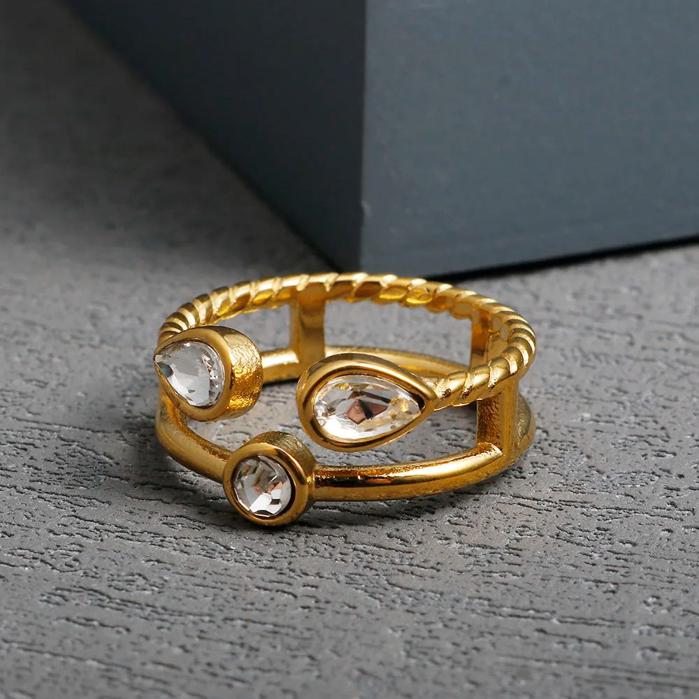 Crystal High End Non Tarnish Fashion Geometric Open Gold Plated Stainless Steel Rings for Women Wedding Ring Jewelry