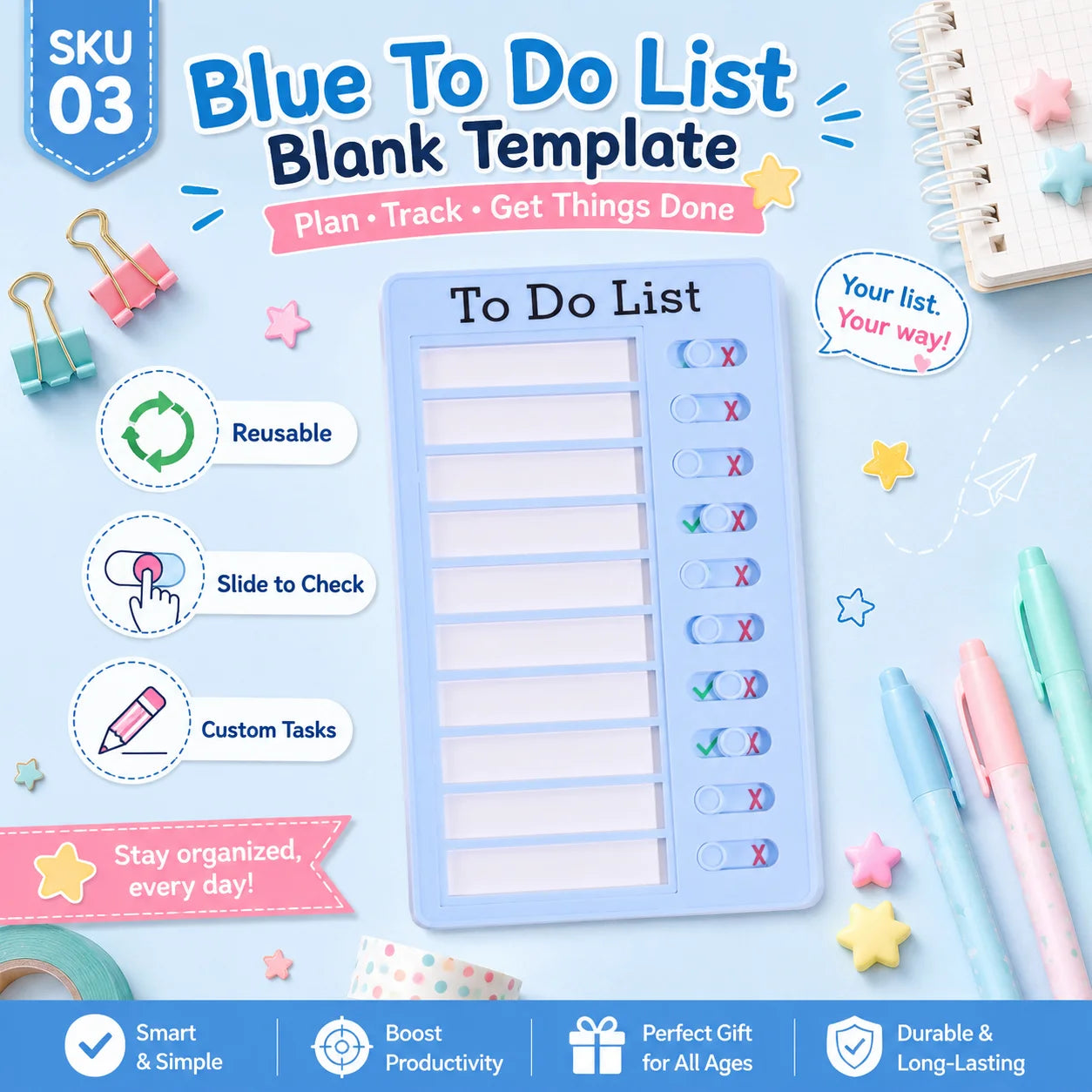 Self Discipline Checklist Board, Replaceable Plastic Chore Chart for Kids Adults, Summer Task Planner & Daily Habit Tracker