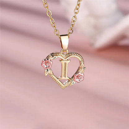 Female A-Z Letter Flower Pendant Necklace Yellow Gold Color Wedding Jewelry Gift For Women - I