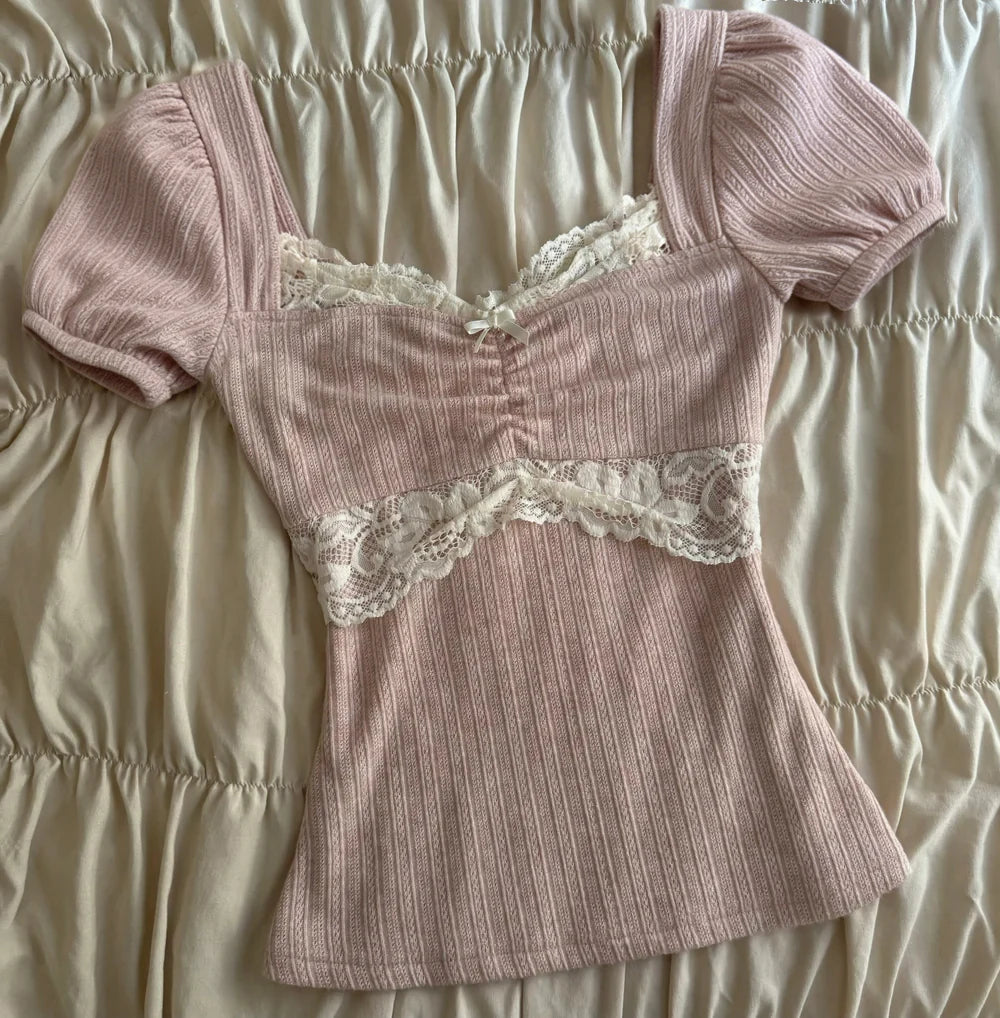 Summer Lace Patchwork Coquette T-shirt Ribbed Knit Slim Fit Milkmaid Tees Women Short Sleeve Y2k Grunge Crop Tops Aesthetic -