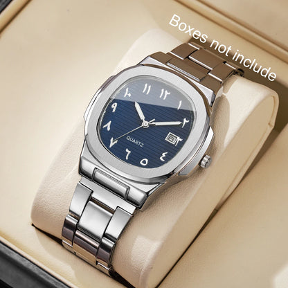 Luxury Men Business Watches Fashion Square Dial Stainless Steel Strap Quartz Watch with Calendar For Mens Clock（Without Box） 