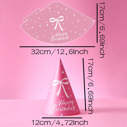 6 Pink Bow-Themed Party Paper Hats, Cute and Beautiful Pink Bow Designs, Suitable for Birthday Parties, Gender Reveal Parties