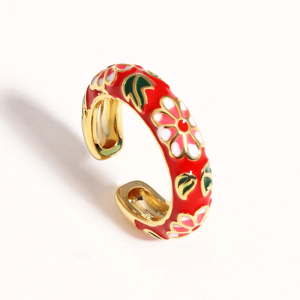 Vintage Colorful Enamel Flower Rings Trendy Geometric Female Minimalist Flower For Ladies Wedding Party Engagement Jewelry Gi