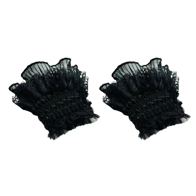 Gothic Lolita Hand Wrist Cuffs Bowknot LaceTrim Maid Cosplay Accessories For Women Girl Party - black-A