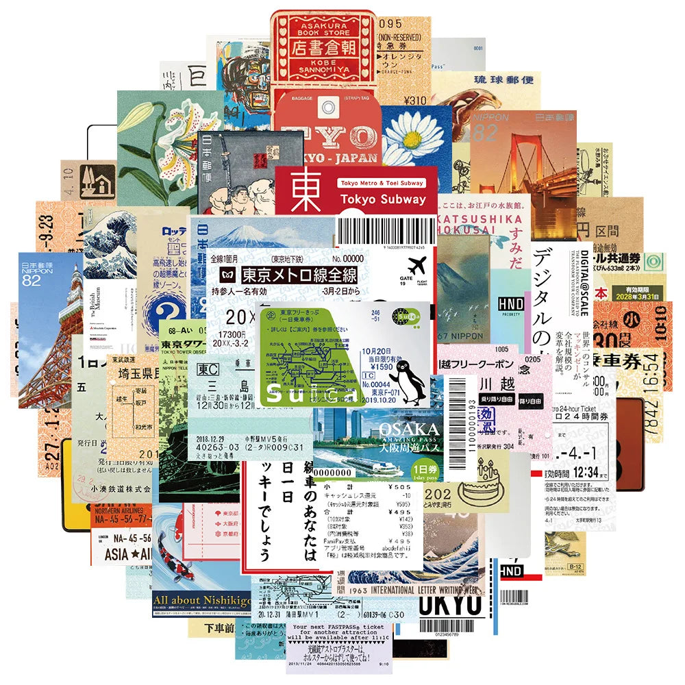 60Pcs INS Style Stamp Sticker Japanese Postcard Ticket Stationery Travel Diary Luggage Waterproof Helmet Stickers - 60pcs