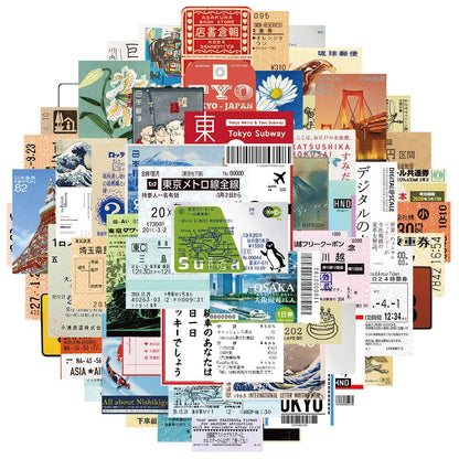 60Pcs INS Style Stamp Sticker Japanese Postcard Ticket Stationery Travel Diary Luggage Waterproof Helmet Stickers - 60pcs