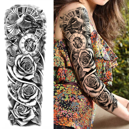 1 Sheets Wolf Lion Tiger Maori Temporary Tattoos For Men Women Adults Full Sleeve Arm Flower Rose Skull Tattoo Sticker Decor 