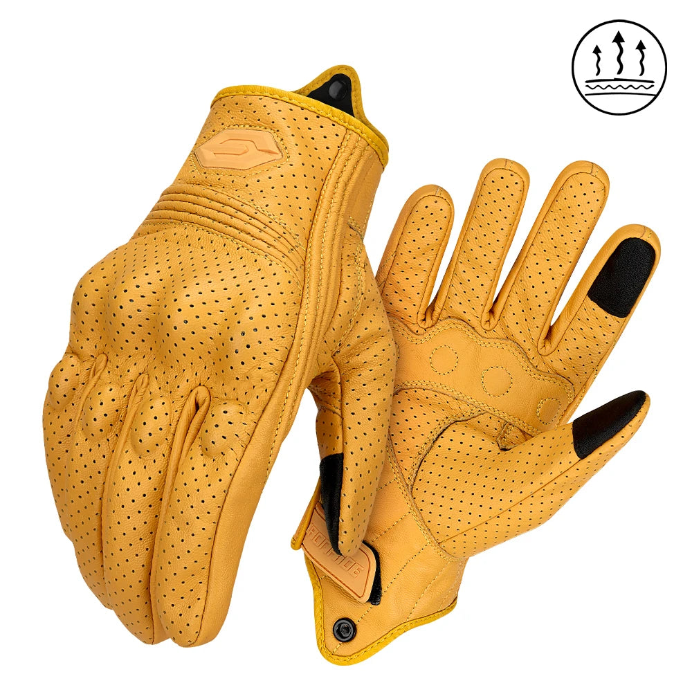 ​Vintage Leather Motorcycle Gloves Summer Breathable Unisex Biker Gloves With Anti-Slip Ventilation Design Motorbike Ride Glo