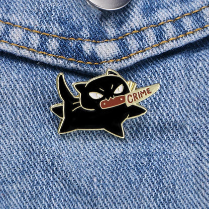 1pc Cute Cartoon Black Cat Enamel Brooch Creative Animal With A Knife In Mouth Lapel Pin Badge Backpack Clothing Hat Accessor