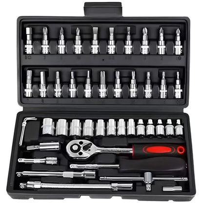 Hot 46Pcs 1/4" Drive Socket Wrench Set, Ratchet Screwdriver & Bit Kit, Carbon Steel, Auto Repair Hand Tool Set with Storage C