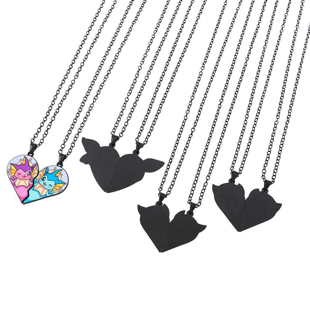 2-piece cute Eevee cartoon pendant necklace with heart patchwork, anime-style metal necklace