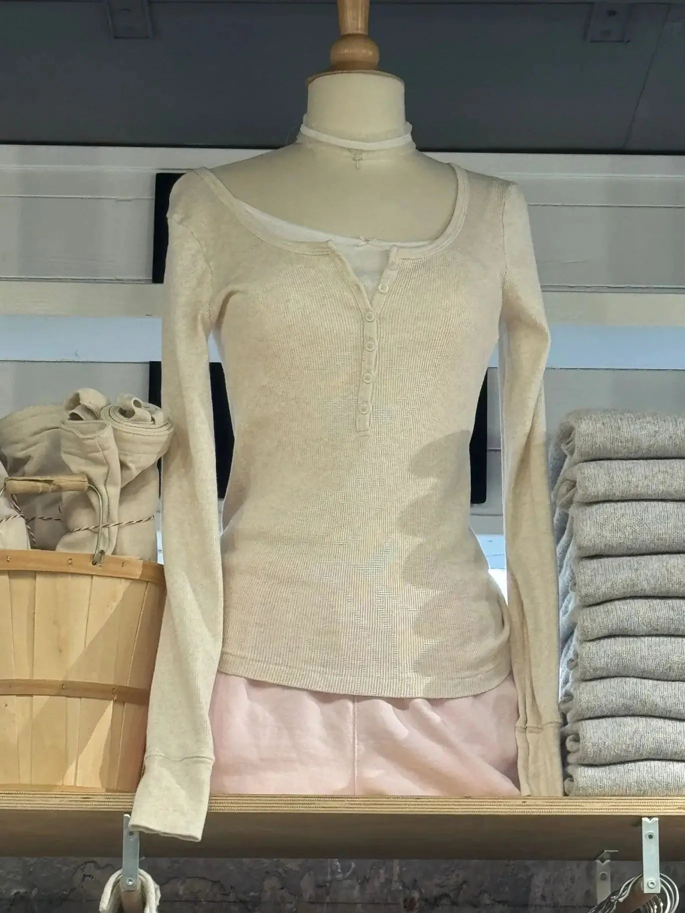 Six Buttons Ribbed Long Sleeve T-shirts Women Spring Round Neck Cotton Slim Tee Top Female Sweet Cute Pink Tshirt Y2k Tops Ne