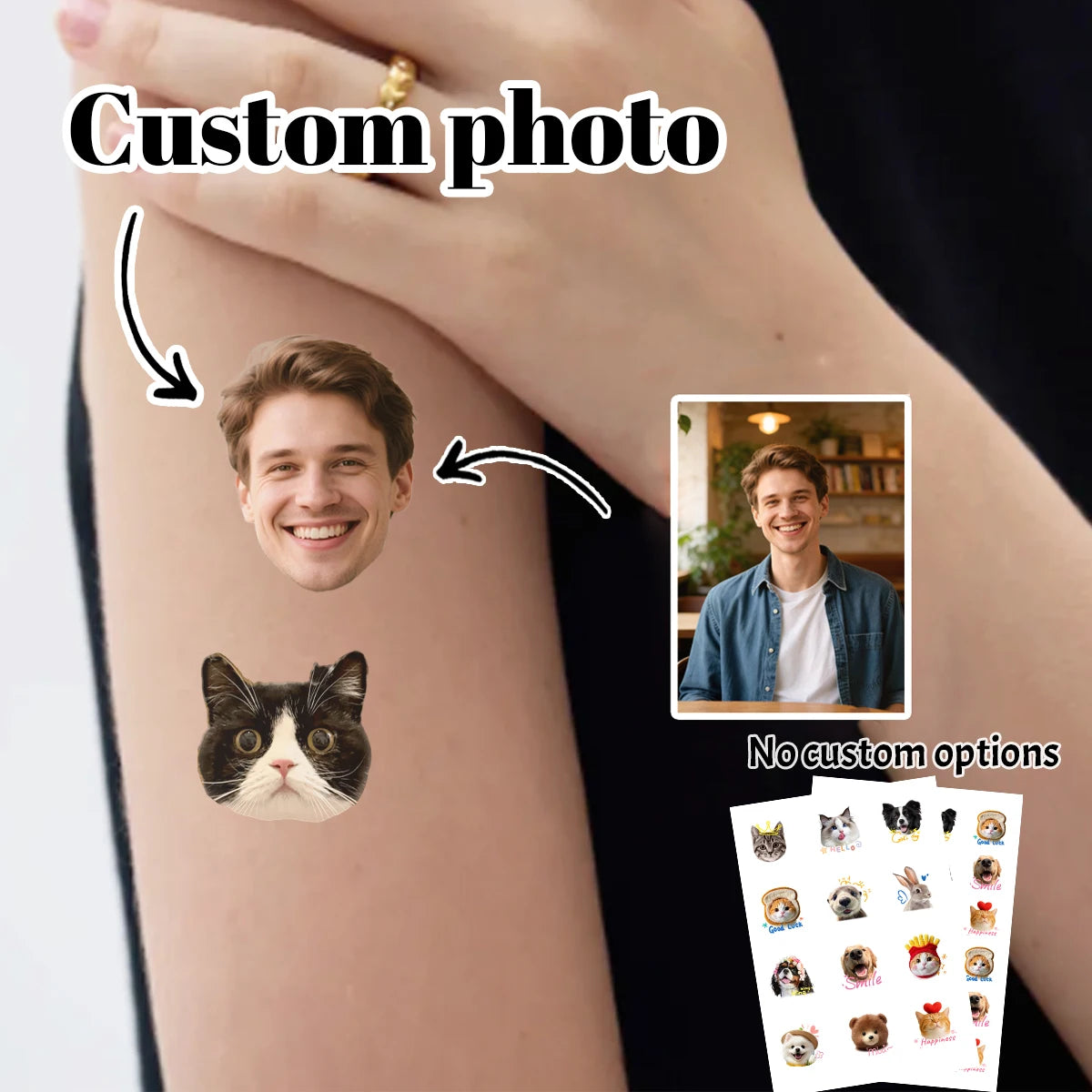 Personalized Tattoo Stickers With Pet Photo, Customizable Family Photos Tattoo Stickers, 2 Sizes: S/M, Valentine's Day Gifts,
