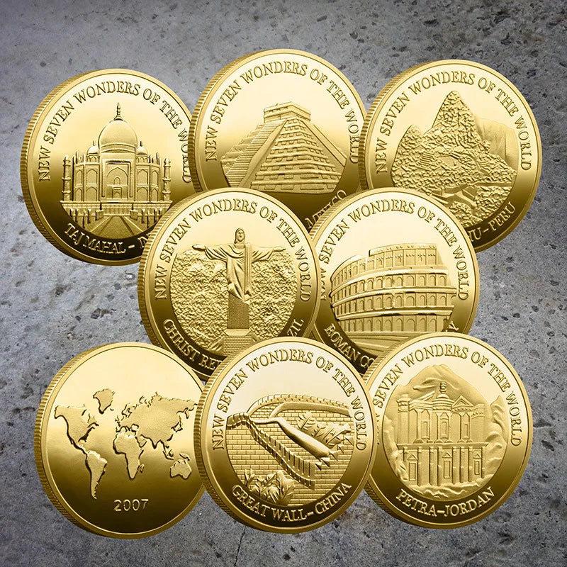 Seven Wonders of The World Coin Collection Gold-plated Commemorative Badge Travel Collection Coin - H