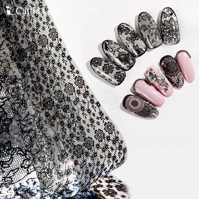 Black White Lace Rose Nails Foil Stickers Black Flowers Design Manicure Nail Art Transfer Paper Nails Art Decals