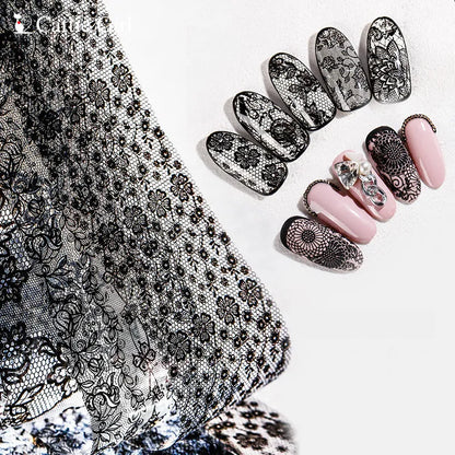 Black White Lace Rose Nails Foil Stickers Black Flowers Design Manicure Nail Art Transfer Paper Nails Art Decals
