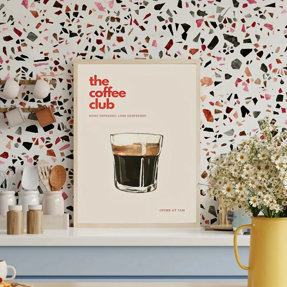 Retro Coffee Club Canvas Print Chic Food Beverage Beige Background Wall Art Posters for Modern Living Room Bedroom Home Decor