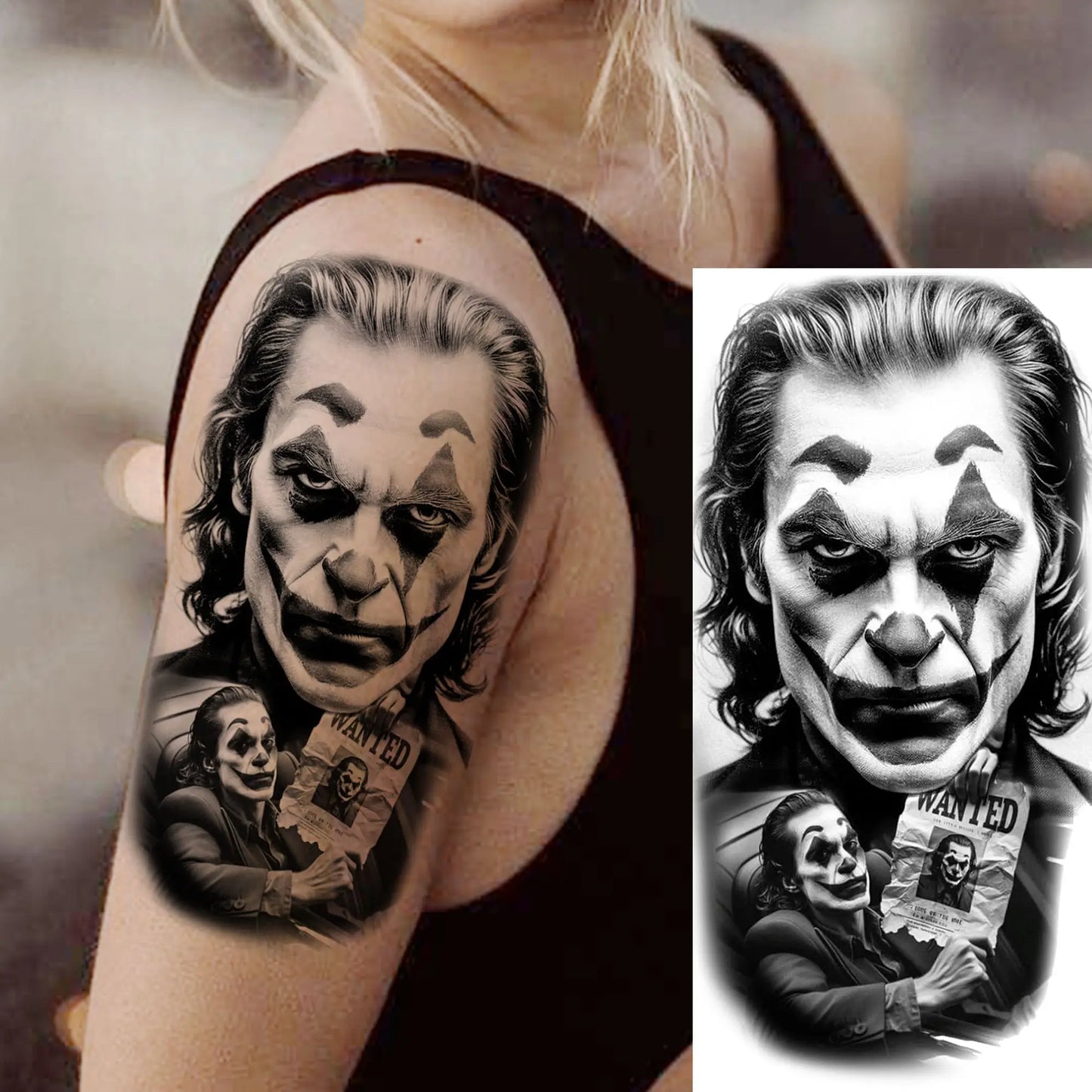 1 Sheet Evil Women Face Joker Mask Temporary Tattoos For Men Women Adults Waterproof Realistic Fake Tattoos Long Lasting Stic