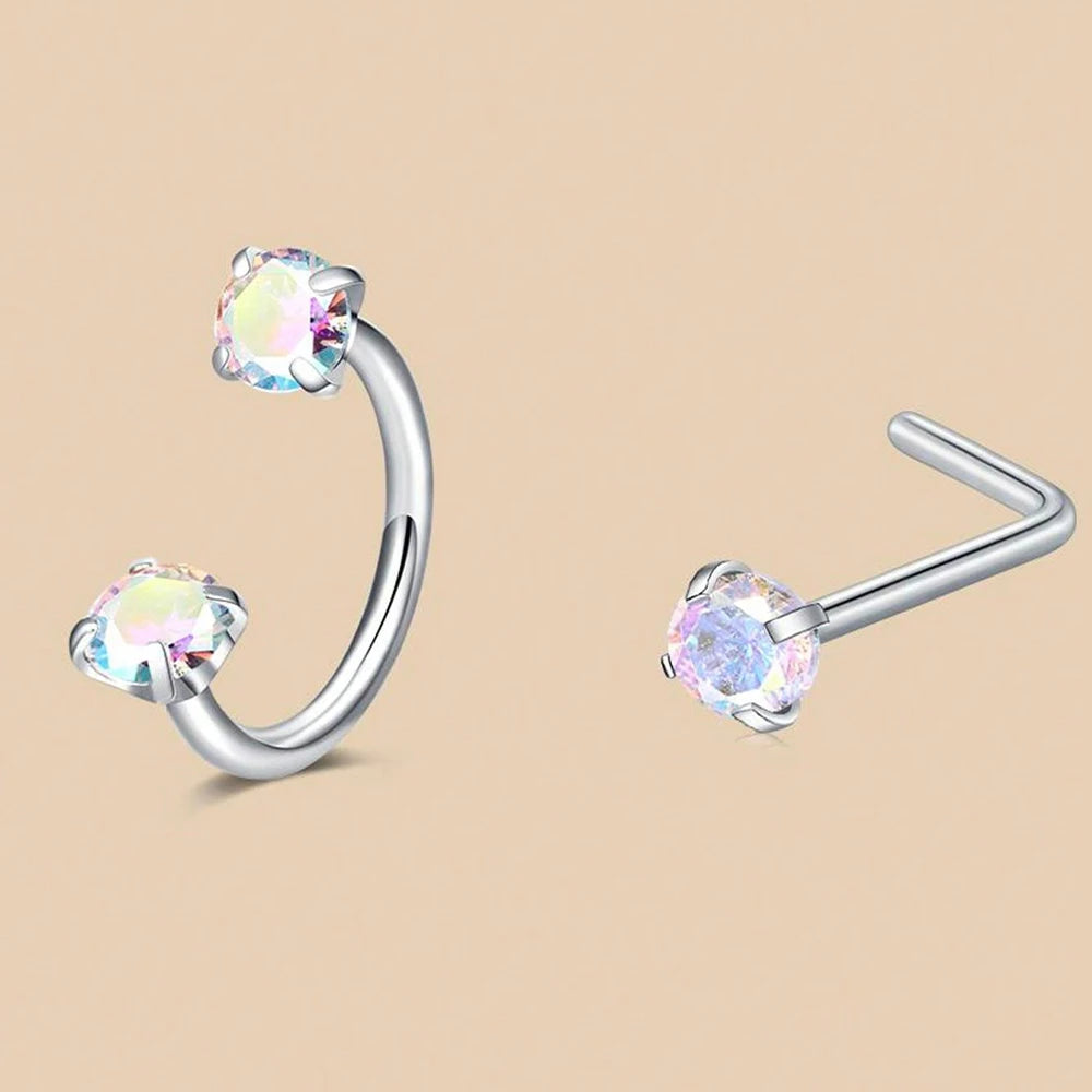 6/2pcs Horseshoe Nose Rings With L-Shape Nose Stud, Stainless Steel Rianbow CZ Nose Ring,, Lip Eyebrow Helix Ear Piercing - 2
