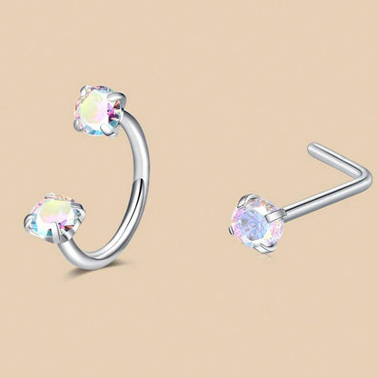 6/2pcs Horseshoe Nose Rings With L-Shape Nose Stud, Stainless Steel Rianbow CZ Nose Ring,, Lip Eyebrow Helix Ear Piercing - 2