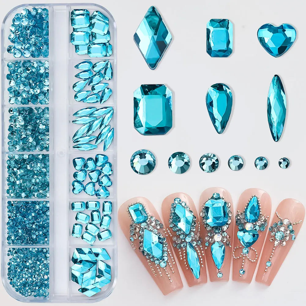 2400pcs+ Shiny Clear Crystal Gems Nail Rhinestones 1.5-4mm Mixed Round Glass Stone Flatback Nail Charms 12grids Nail Diamond 
