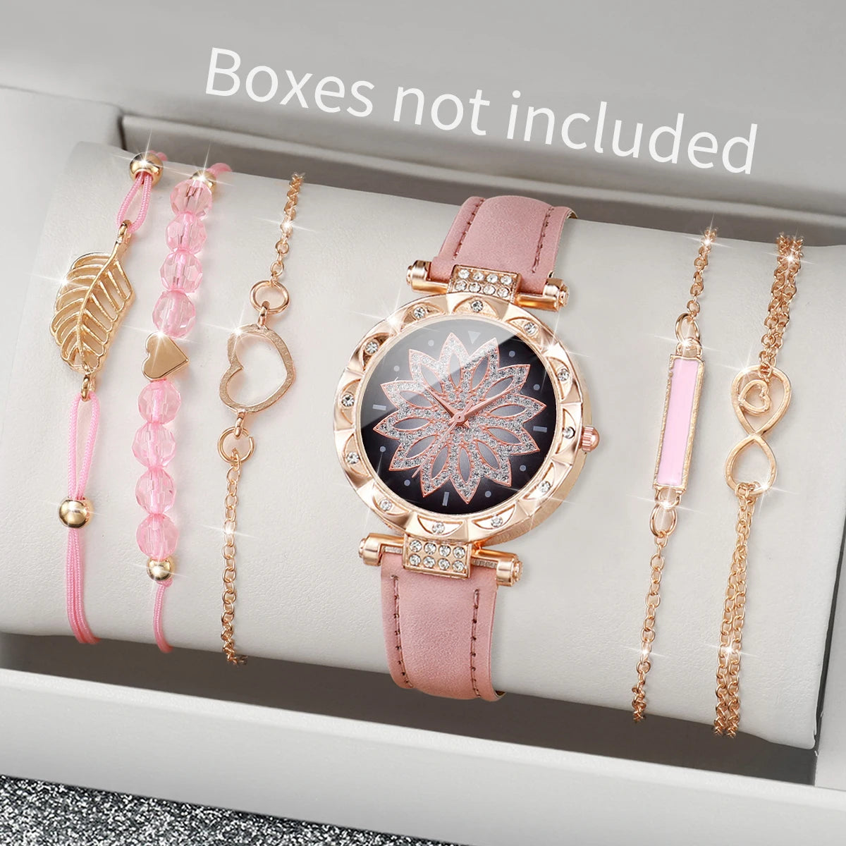 6PCS/Set Fashion Heart Dial Women's Watch Casual Leather Band Analog Quartz Watch Leaf Bracelets Set（Without Box） - B Pink No