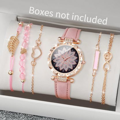 6PCS/Set Fashion Heart Dial Women's Watch Casual Leather Band Analog Quartz Watch Leaf Bracelets Set（Without Box） - B Pink No