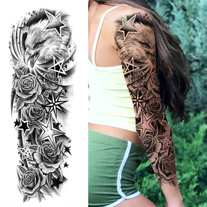 1 Sheets Wolf Lion Tiger Maori Temporary Tattoos For Men Women Adults Full Sleeve Arm Flower Rose Skull Tattoo Sticker Decor 