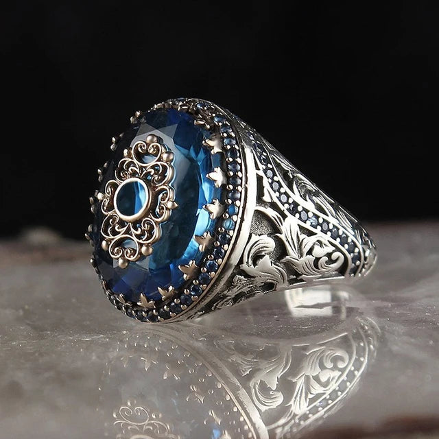 Retro Handmade Turkish Signet Ring for Men Vintage Silver Color Carving Pattern Inlay Green Zircon Party Punk Motor Biker Rin