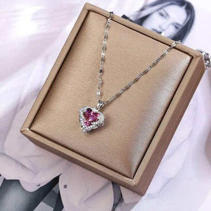 Top Luxury Colorful Crystal Ocean Heart Pendant Necklace For Women Trendy 316L Stainless Steel Jewelry Female Wedding Neck Ch