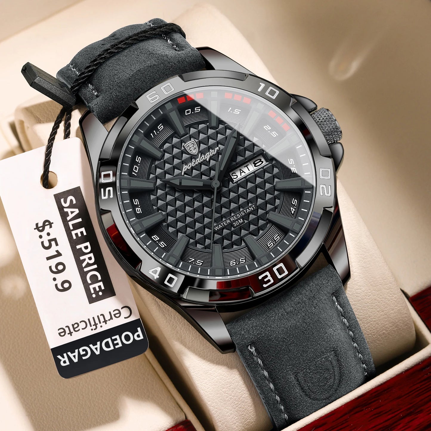 POEDAGAR Original Man Wristwatch Top Luxury Waterproof Luminous Date Week Watch For Men Quartz Sport Leather Men's Watches Re
