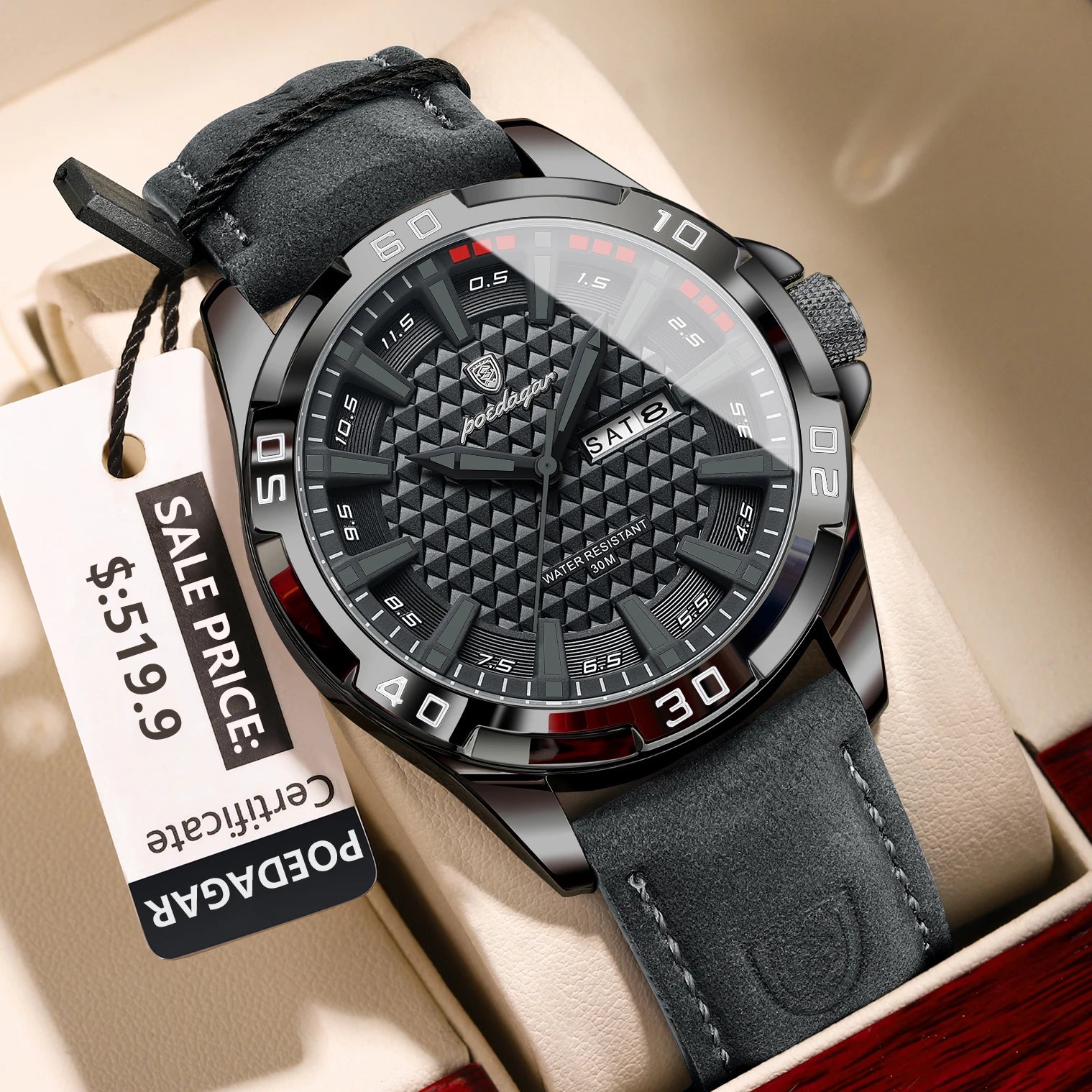 POEDAGAR Original Man Wristwatch Top Luxury Waterproof Luminous Date Week Watch For Men Quartz Sport Leather Men's Watches Re