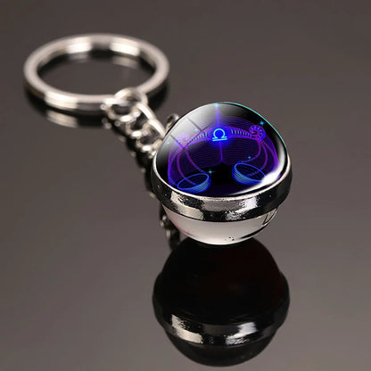 12 Constellation Key Chain Luminous Double Sided Glass Ball Pendant 12 Zodiac Key Chain Fashion Birthday Gift for Men and Wom