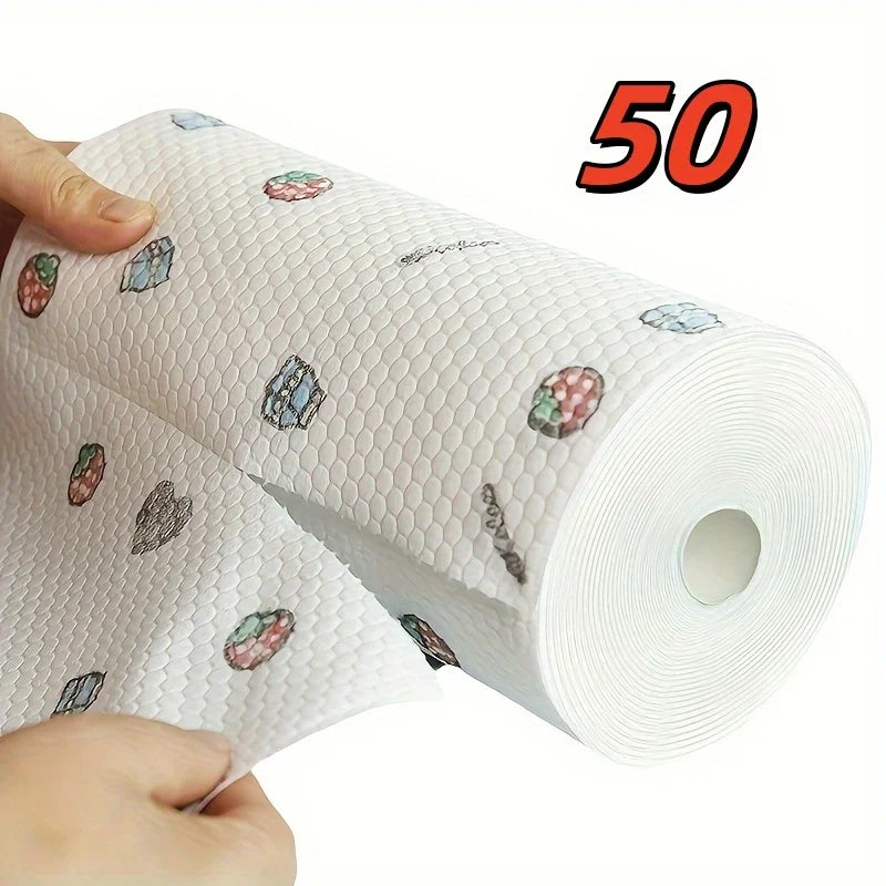 50 100pcs/roll Dishcloth Absorbent Thickened Kitchen Paper Dry Wet Use Non Greasy Random Pattern for Sink Cleaning Dishwashin