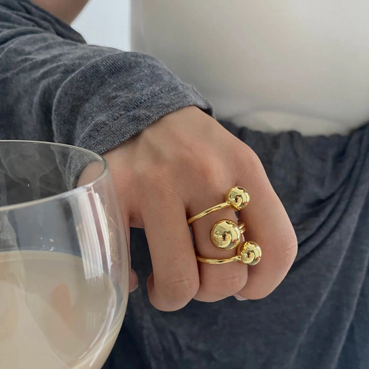 LATS Exaggeration Punk Metal Personality Irregular Three-layer Design Ball-Shape Open Ring for Women Fashion Simple Jewelry G