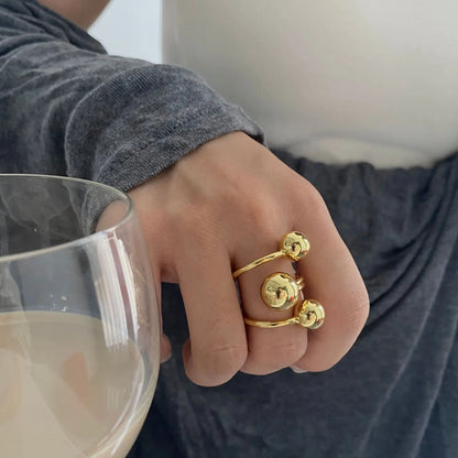 LATS Exaggeration Punk Metal Personality Irregular Three-layer Design Ball-Shape Open Ring for Women Fashion Simple Jewelry G