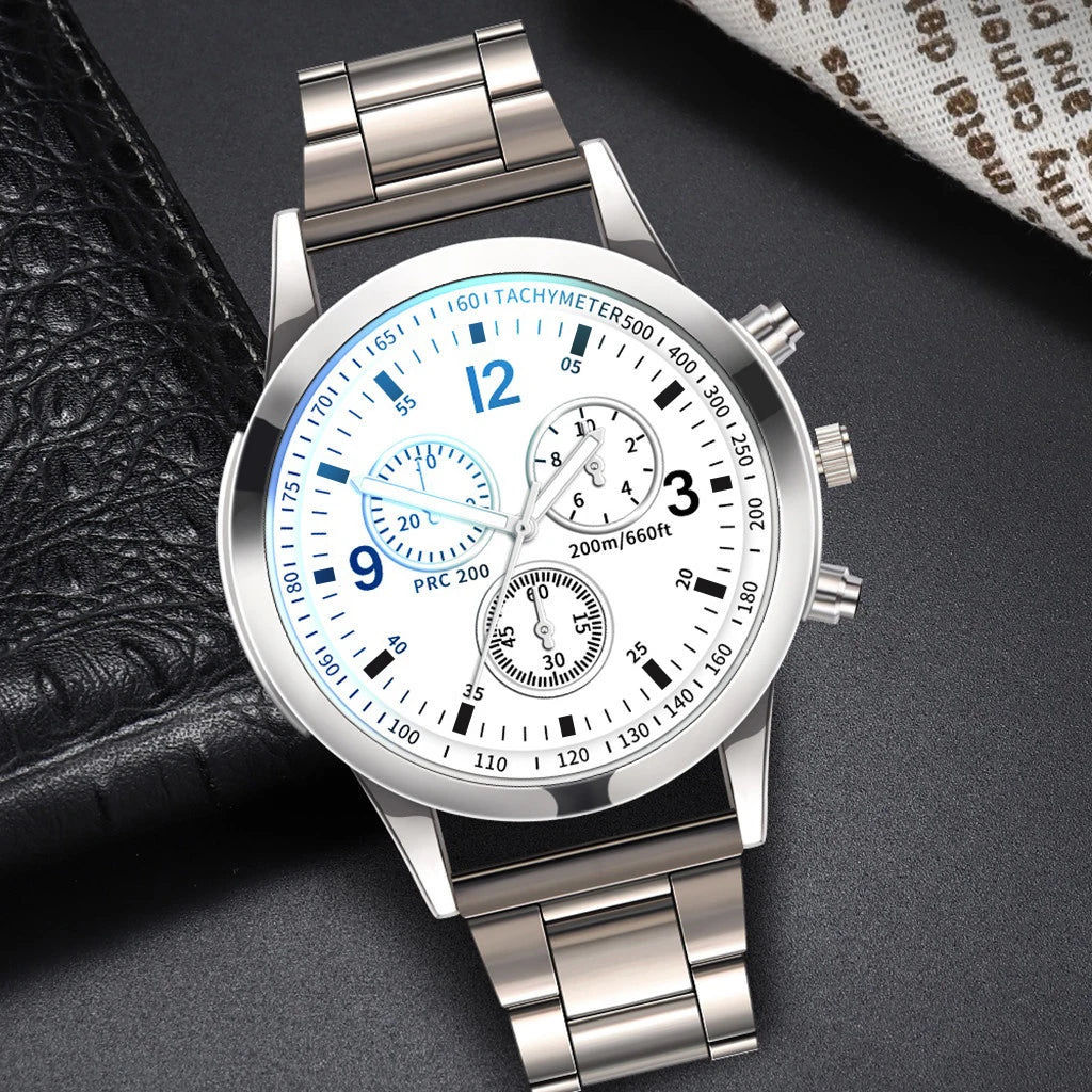 1/2PCS Men Business Watches Fashion Men's Steel Band Quartz Watch with Bracelet（Box not Included） - White Only Watch