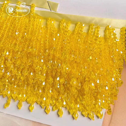 Lace Trim Beaded 2 Yards, Crystal Tassels, 5.5 Cm Wide, Vintage Lace Accent for Sewing, Scrapbooking - Light Yellow -B / 9Yar