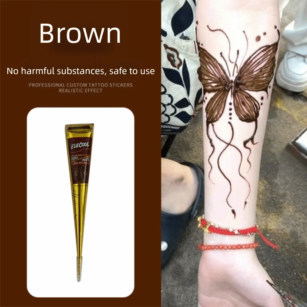 Easy-To-Use Henna Tattoo Cream Semi-permanent Temporary Henna Paste Cone Black Brown Temporary Tattoo Paste Mehndi Design - B