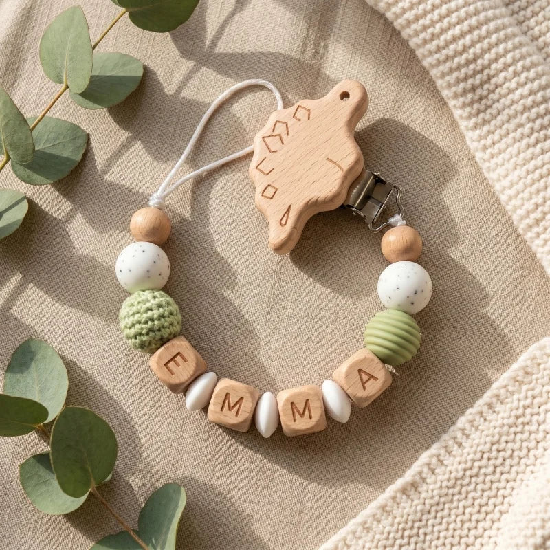 Personalized Pacifier Clip Custom Name Silicone Wooden Beads Baby Teether Chain Soother Holder BPA Free Newborn Baby Shower G
