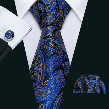 Men Tie Gold Navy Blue Striped Tie Barry.Wang 3.4" Jacquard Party Wedding Woven Fashion Designers Necktie For Men silk Busine