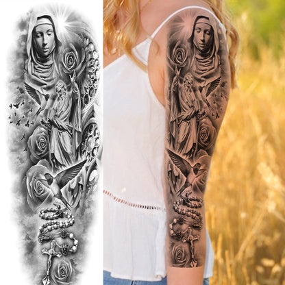 1 Sheets Wolf Lion Tiger Maori Temporary Tattoos For Men Women Adults Full Sleeve Arm Flower Rose Skull Tattoo Sticker Decor 