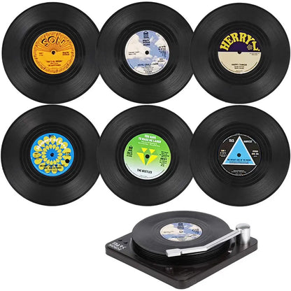 Set of 6 Vinyl Coasters for Drinks Music Coasters with Vinyl Record Player Holder Retro Record Disk Coaster Mug Pad Mat Creat
