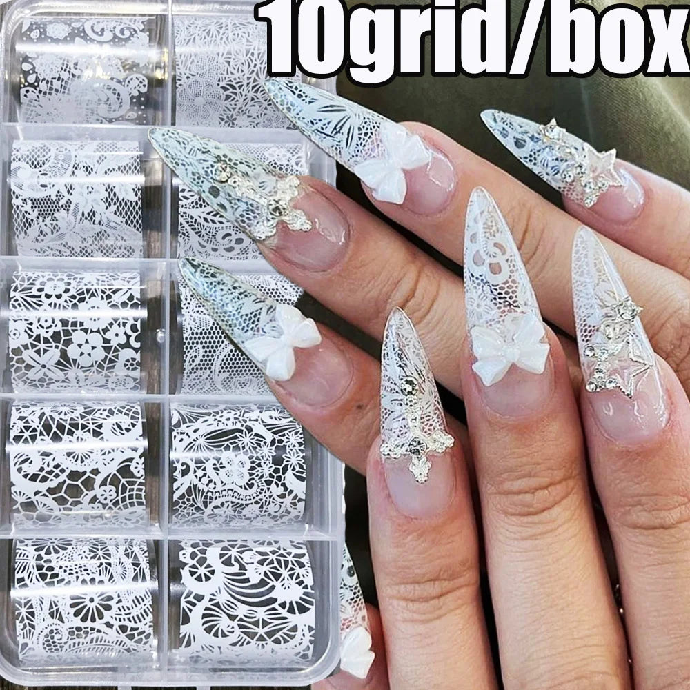 4X25cm-10rolls Sexy Black White Lace Nail Foils Untra-Thin White&Black Lace Flowers Nail Transfer Paper For Wedding Bride Dec