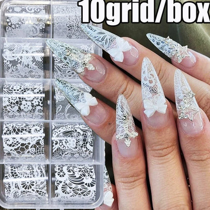 4X25cm-10rolls Sexy Black White Lace Nail Foils Untra-Thin White&Black Lace Flowers Nail Transfer Paper For Wedding Bride Dec