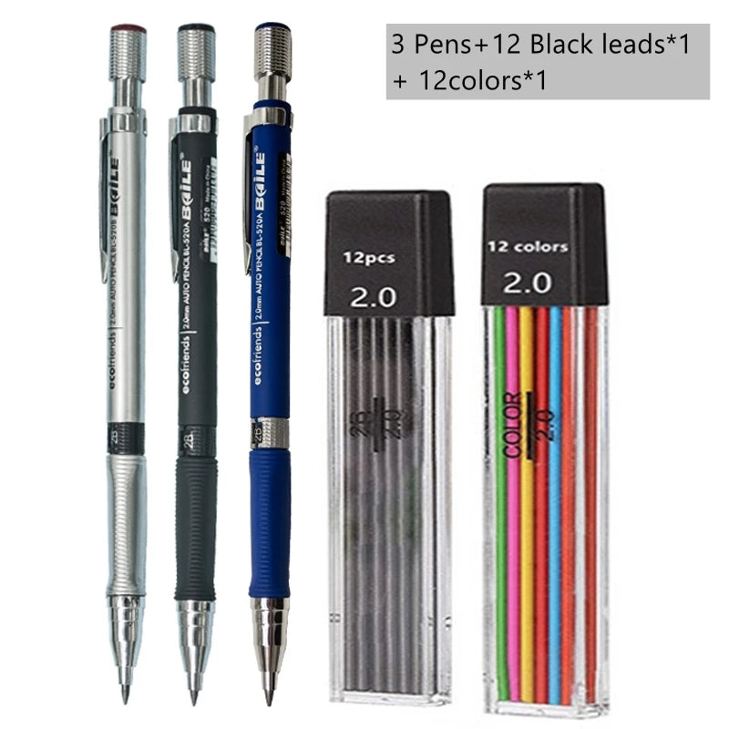 Mechanical Pencil Set 2.0 mm with 2B Black/Colors Lead Refill For Writing Sketching Art Drawing Painting School Automatic Pen