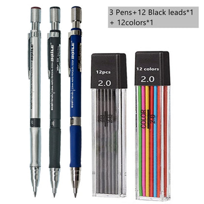 Mechanical Pencil Set 2.0 mm with 2B Black/Colors Lead Refill For Writing Sketching Art Drawing Painting School Automatic Pen